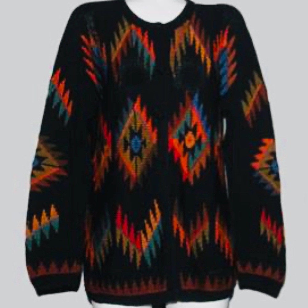 Earth Tones Black Knit Sweater, Vintage, Handmade, 100% cotton,made in Perú